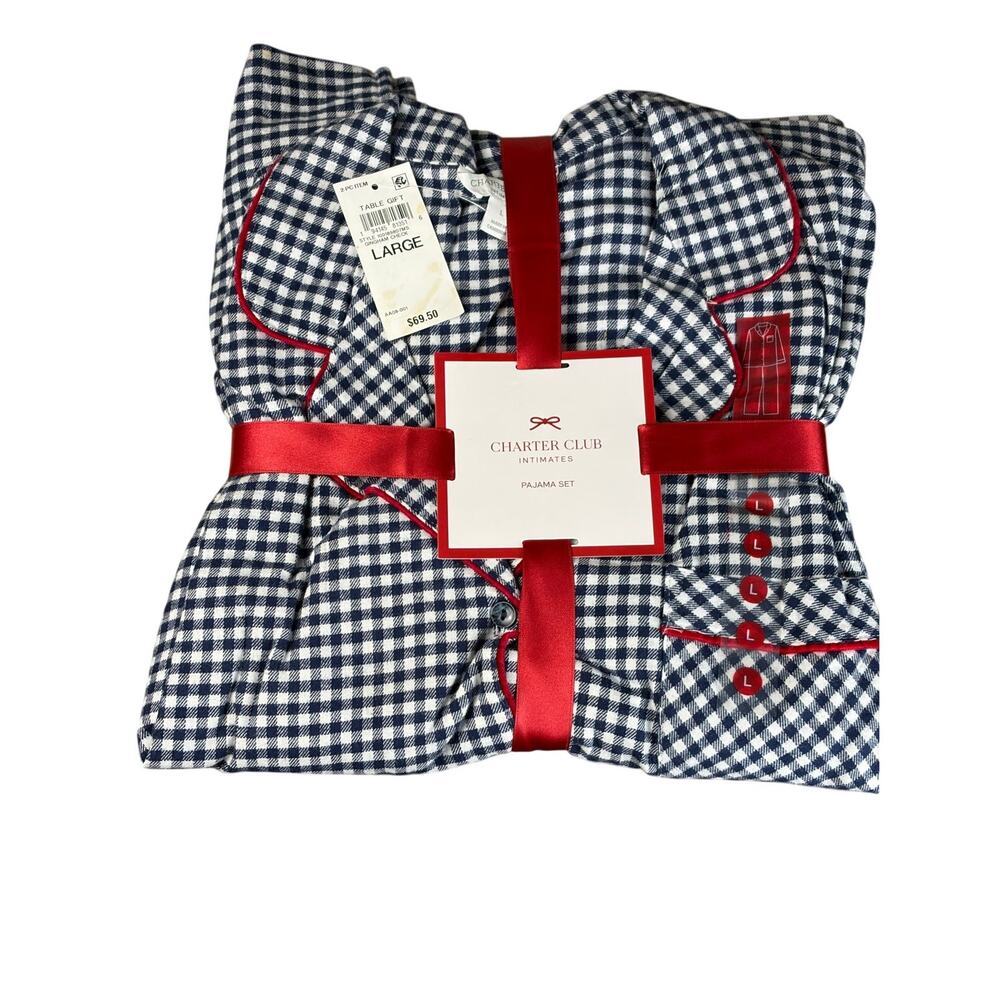 Charter Club Black White Gingham Flannel Pajama Set Womens L NWT 2PC